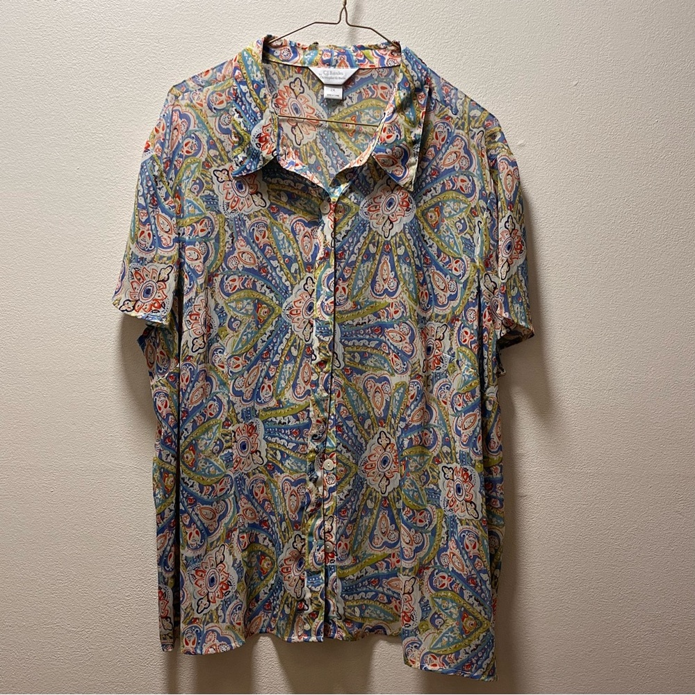 CJ Banks Flowy Boho Coastal Grandma Short Sleeve Button Down Blouse, 2X, Pastels